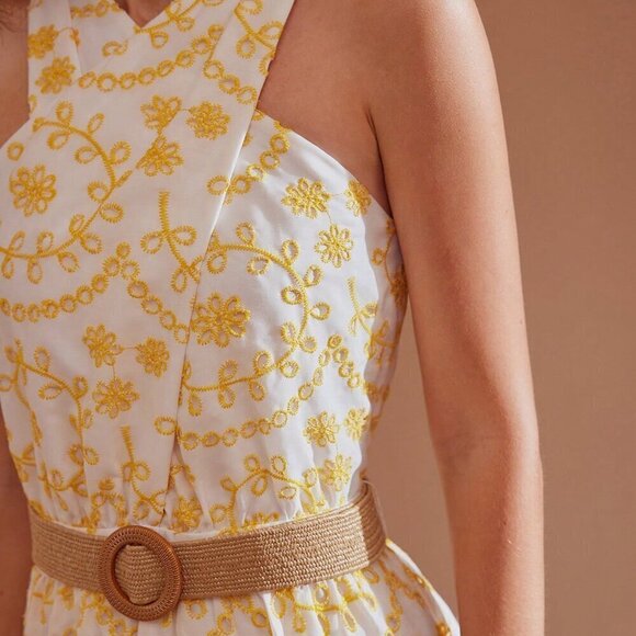 YELLOW WOMEN'S SCALLOP RUFFLE HEM HALTER NECK EMBROIDERY SCHIFFY DRESS - Picture 2 of 8